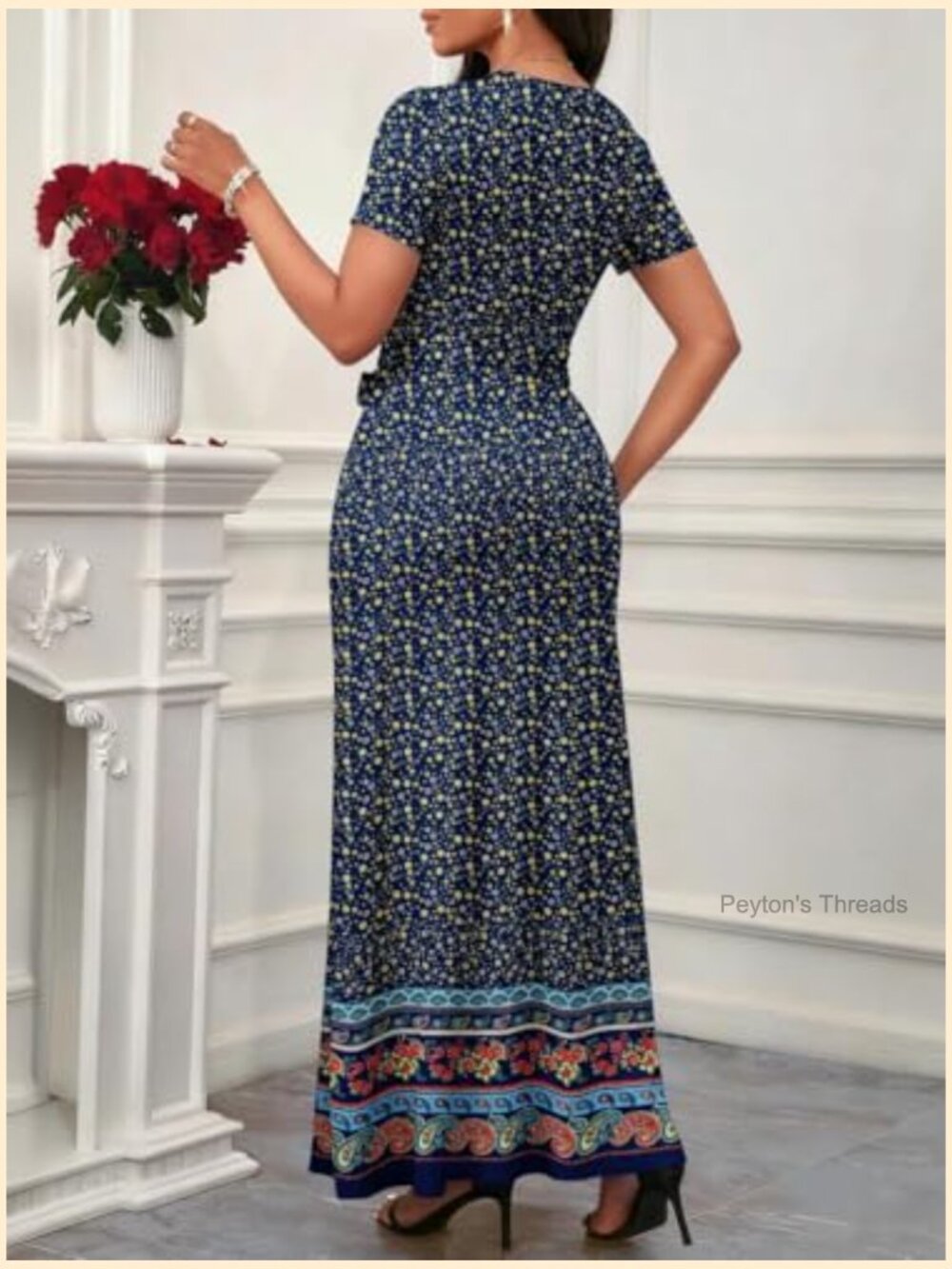 V-Neck Short Sleeve Maxi Dress with Self-Tie Belt and Pockets - Picture 2 of 6